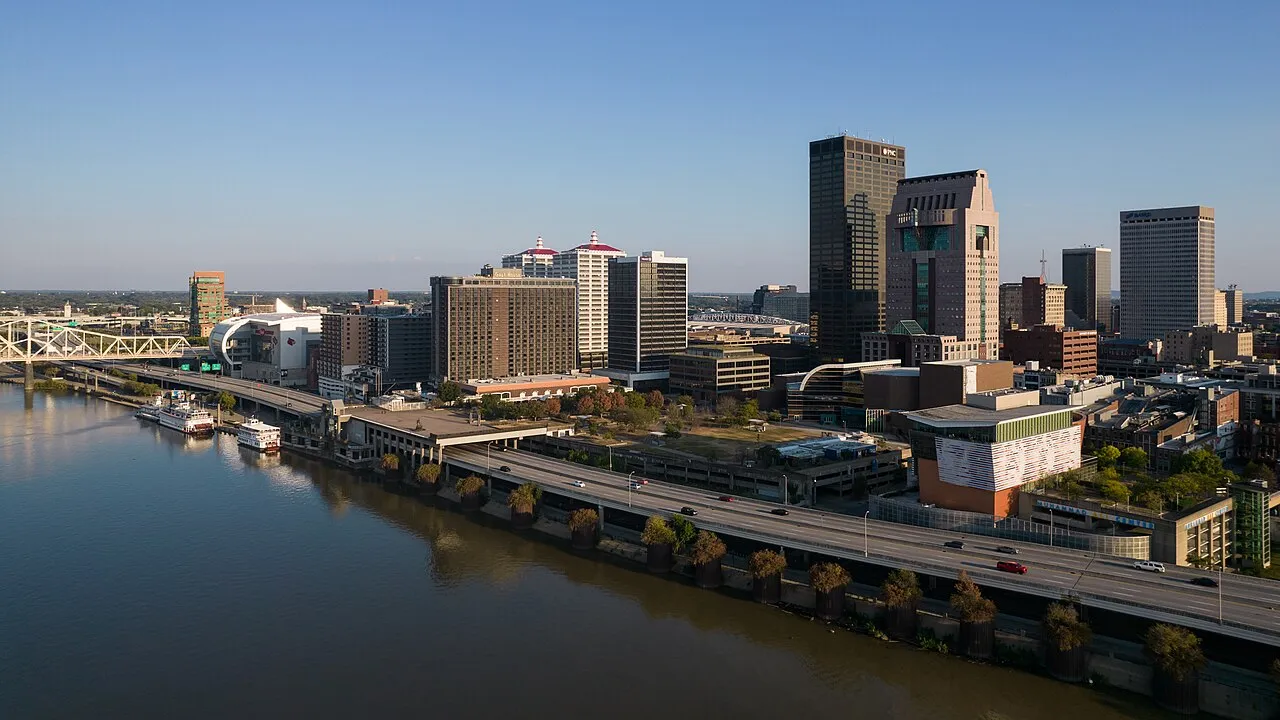 Downtown Louisville skyline and the riverfront seen from the Ohio River